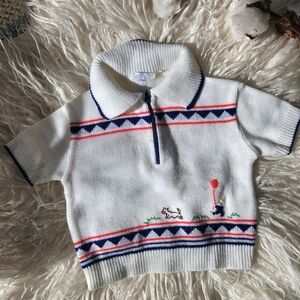 VINTAGE White Knit Polo Shirt with Red and Blue Accents